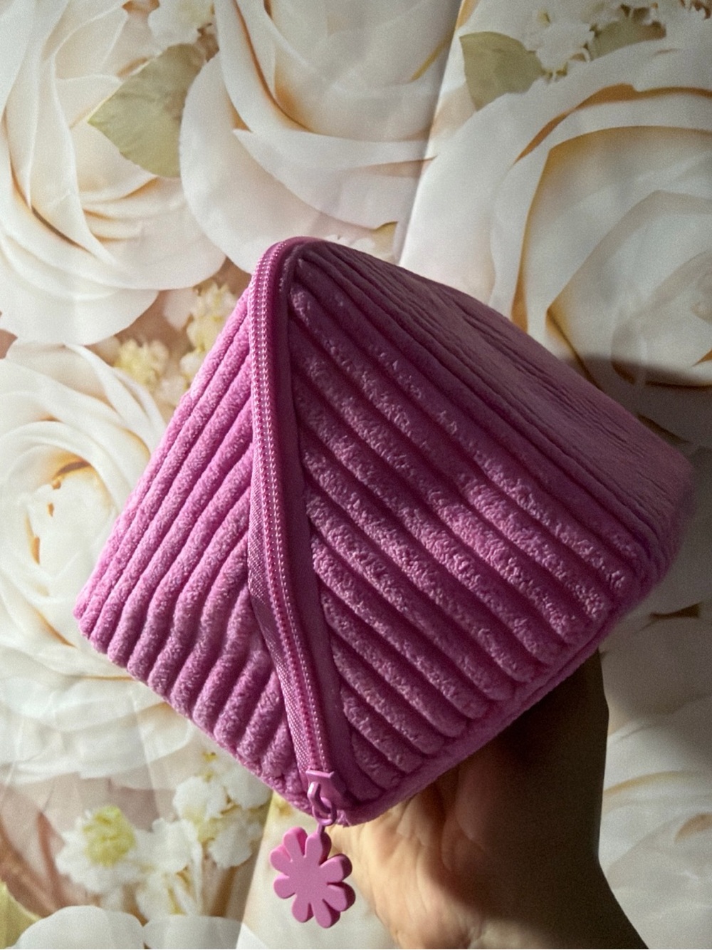 Benefit Pink Quilted Travel Cosmetic Pouch with Flower Pull